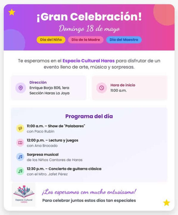Programa de la Gran Celebración de éste domingo, organizada por el Espacio Cultural Haras