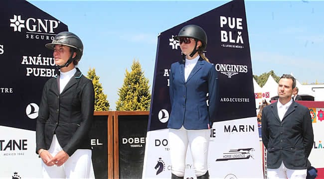 El podium del “Clásico” en 1.40 metros de Salto, Francesca Maggiore de Italia, Sofía Larrea de México y Juan Bautista Pidutti de Argentina